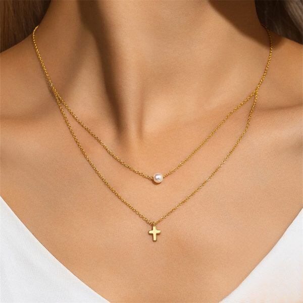 Sterling Silver Double Layer Cross Pendant Necklace-1