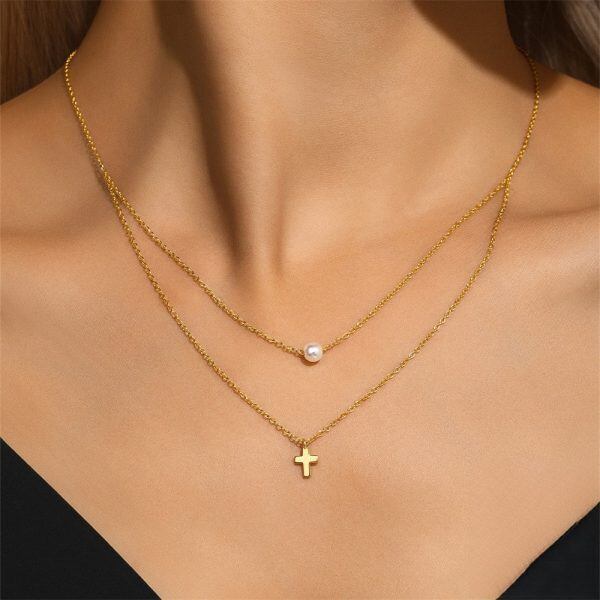 Sterling Silver Double Layer Cross Pendant Necklace-2