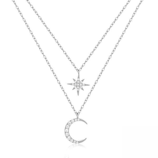 Sterling Silver Moon Star Layered Pendant Necklace-1