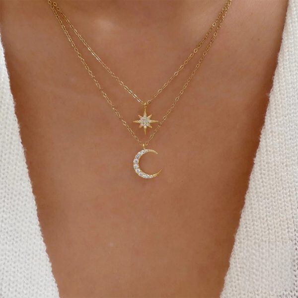 Sterling Silver Moon Star Layered Pendant Necklace-2