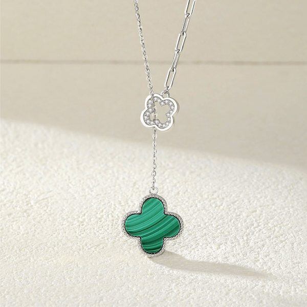 Sterling Silver Malachite Four-Leaf Clover Necklace-4