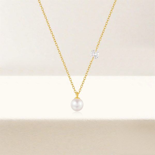 Sterling Silver Single Shining CZ and Pearl Pendant Necklace-1