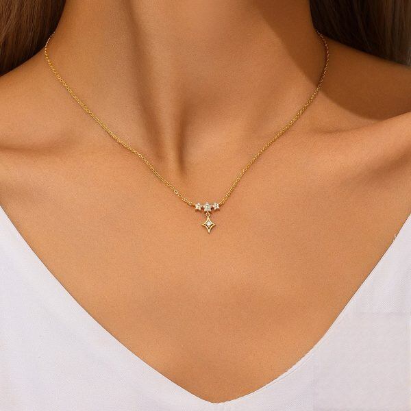 Sterling Silver Twinkling Zircon Star Pendant Necklace-2