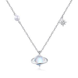 Sterling Silver Moonstone Planet Pendant Necklace-0