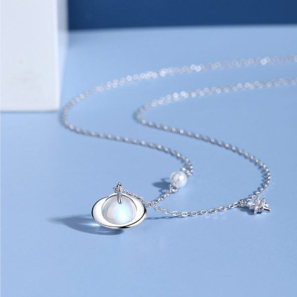 Sterling Silver Moonstone Planet Pendant Necklace-2