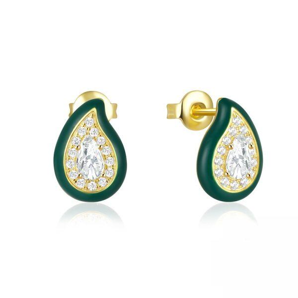 Sterling Silver Enamel Water Drop Stud Earrings with Sparkling CZ-0