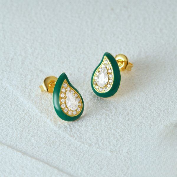 Sterling Silver Enamel Water Drop Stud Earrings with Sparkling CZ-1