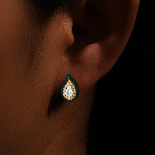 Sterling Silver Enamel Water Drop Stud Earrings with Sparkling CZ-2