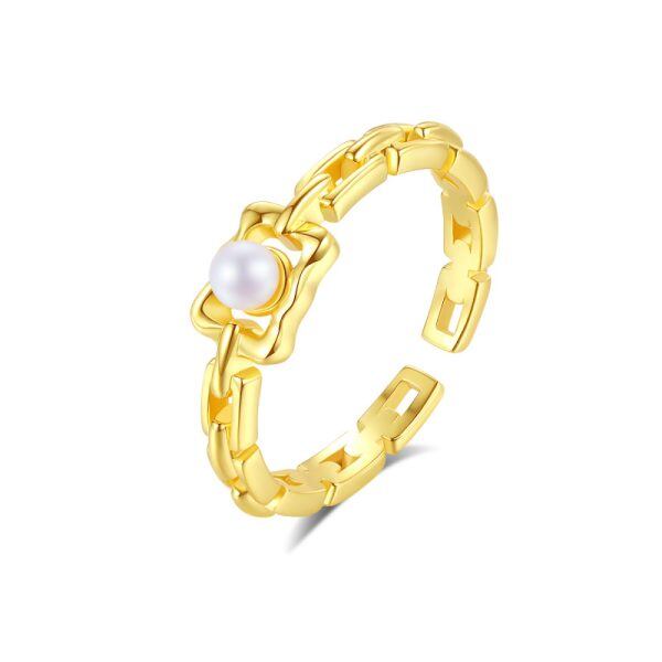 Sterling Silver Chain Link Pearl Adjustable Rings-0