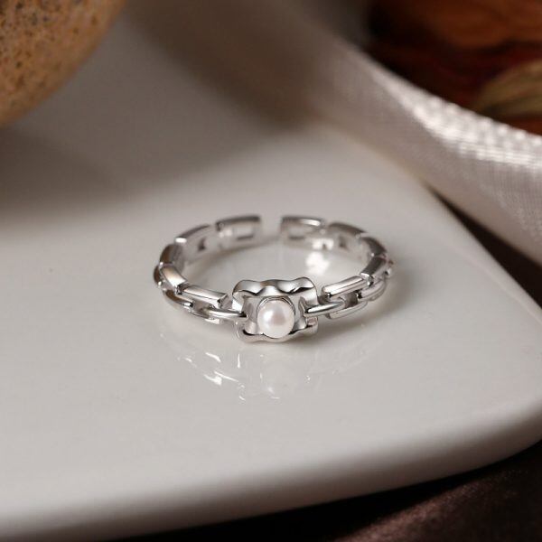 Sterling Silver Chain Link Pearl Adjustable Rings-4