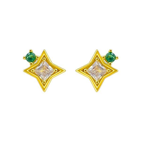 Sterling Silver Green CZ Star Stud Earrings-0