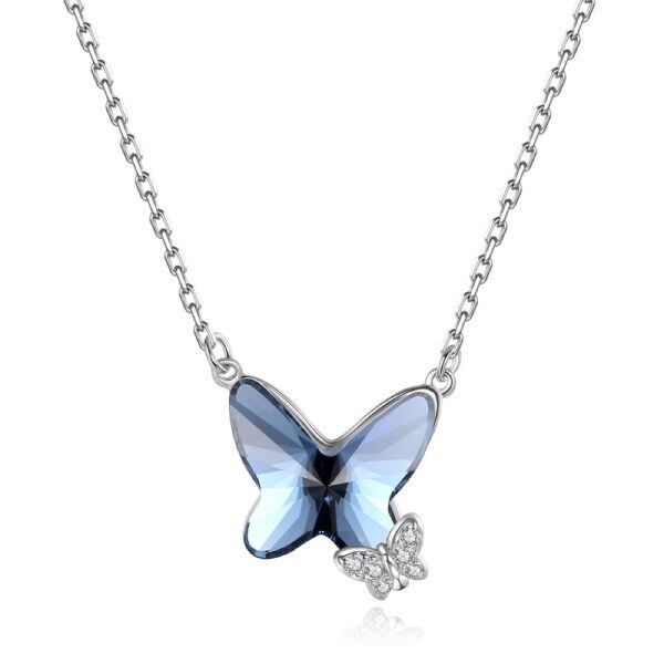 Sterling Silver Blue Double Butterfly Crystal Pendant Necklace-0