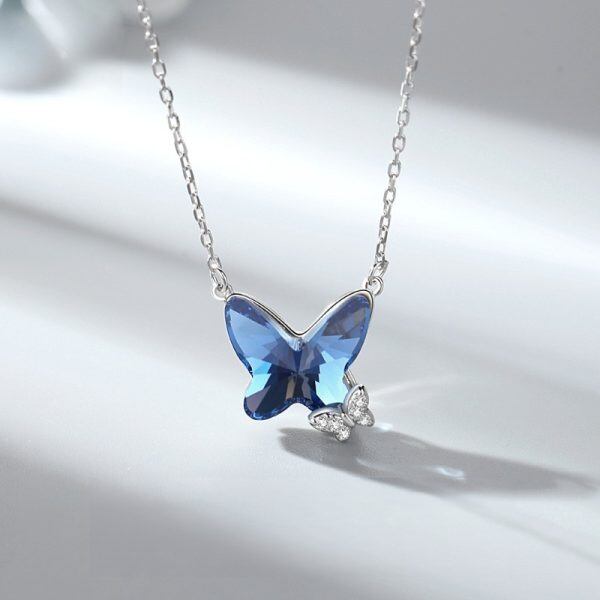 Sterling Silver Blue Double Butterfly Crystal Pendant Necklace-1