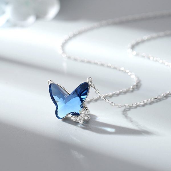 Sterling Silver Blue Double Butterfly Crystal Pendant Necklace-2