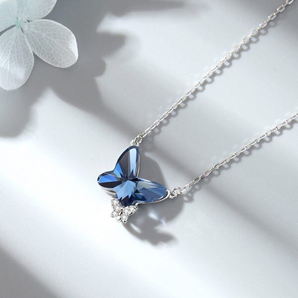 Sterling Silver Blue Double Butterfly Crystal Pendant Necklace-3