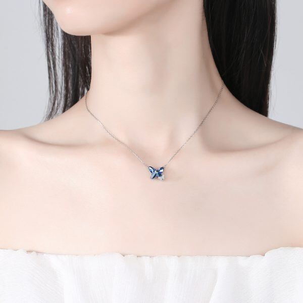 Sterling Silver Blue Double Butterfly Crystal Pendant Necklace-4