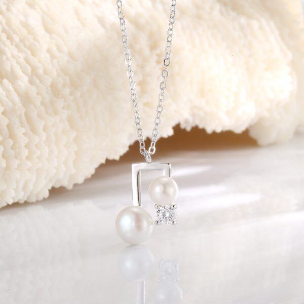 Sterling Silver Freshwater Pearl Music Note Pendant Necklace-3