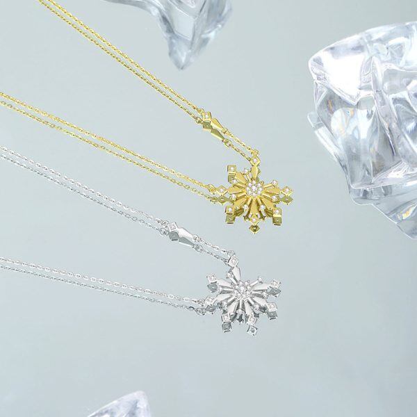 Sterling Silver Sparkling Snowflake Zirconia Pendant Necklace-2