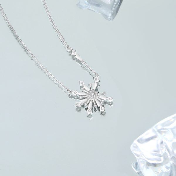 Sterling Silver Sparkling Snowflake Zirconia Pendant Necklace-5