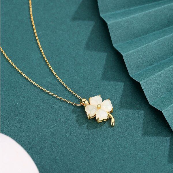 Sterling Silver Jade Crossed Clover Pendant Necklace-4