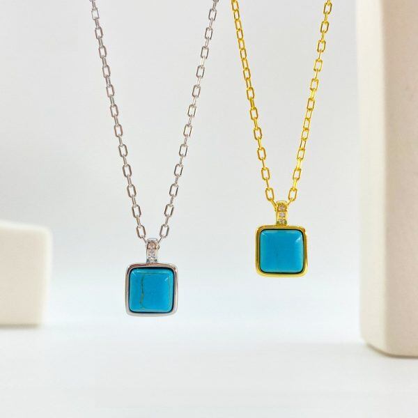 Sterling Silver Turquoise Cube Pendant Necklace-1