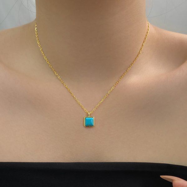 Sterling Silver Turquoise Cube Pendant Necklace-2