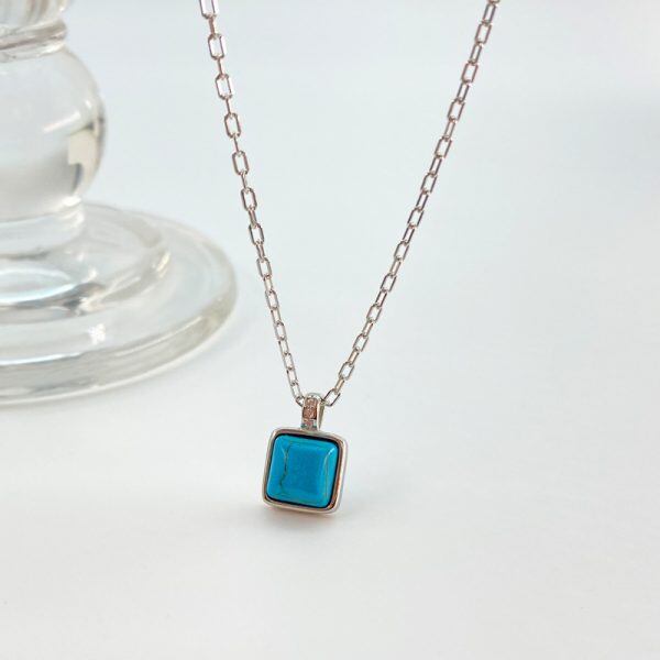 Sterling Silver Turquoise Cube Pendant Necklace-3