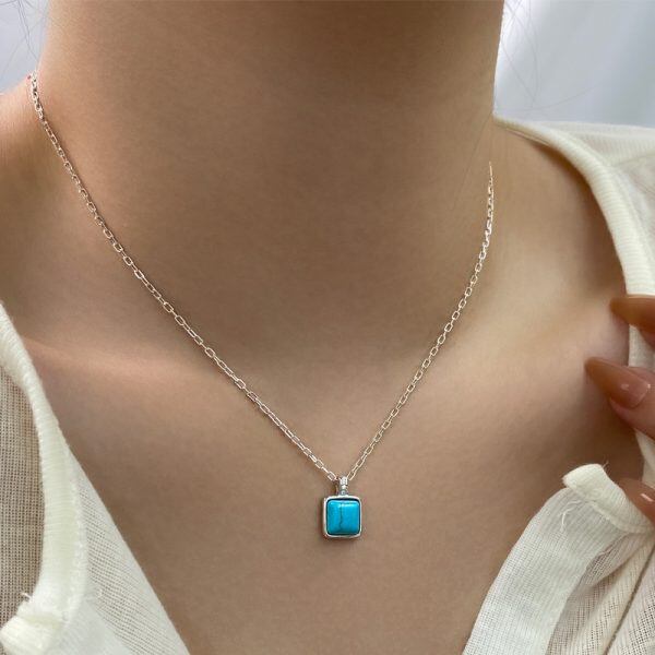 Sterling Silver Turquoise Cube Pendant Necklace-4