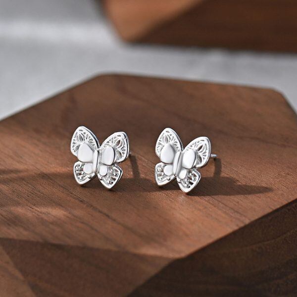 Sterling Silver Hollow Butterfly Stud Earrings-3