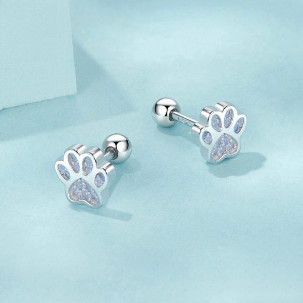 Sterling Silver Opal Dog Paw Print Stud Earrings-2