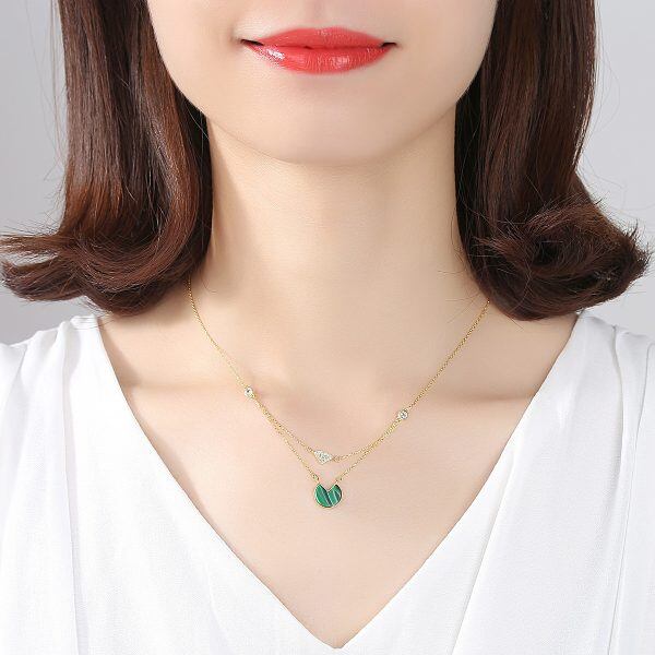 Sterling Silver Geometric Malachite Pendant Necklace-3