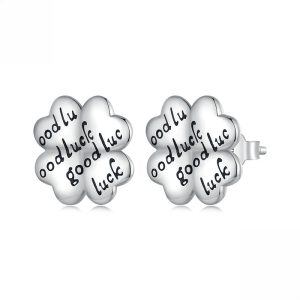 Sterling Silver Four-Leaf Clover Sthd Earrings With "GOOD LUCK"-0