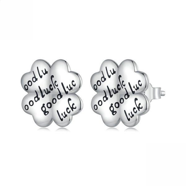 Sterling Silver Four-Leaf Clover Sthd Earrings With "GOOD LUCK"-0