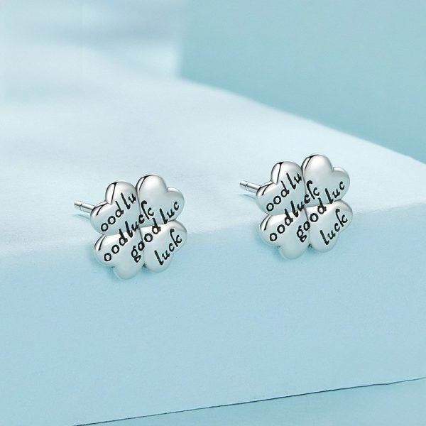 Sterling Silver Four-Leaf Clover Sthd Earrings With "GOOD LUCK"-1