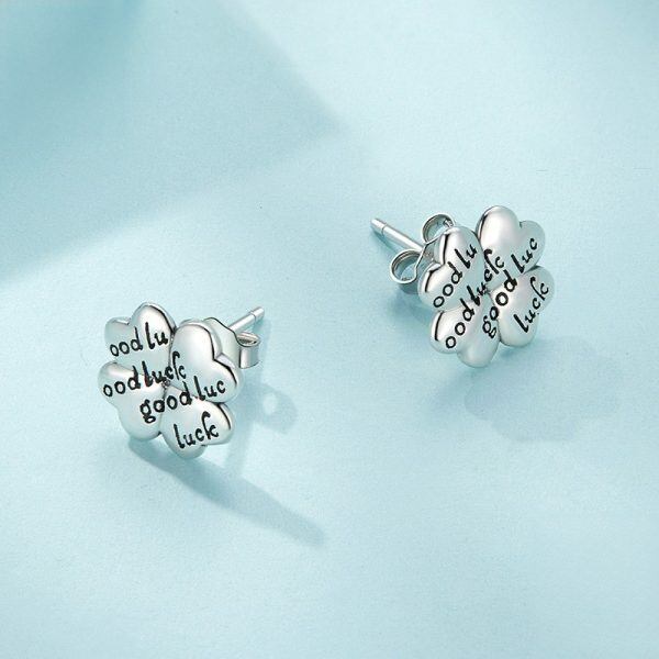 Sterling Silver Four-Leaf Clover Sthd Earrings With "GOOD LUCK"-2