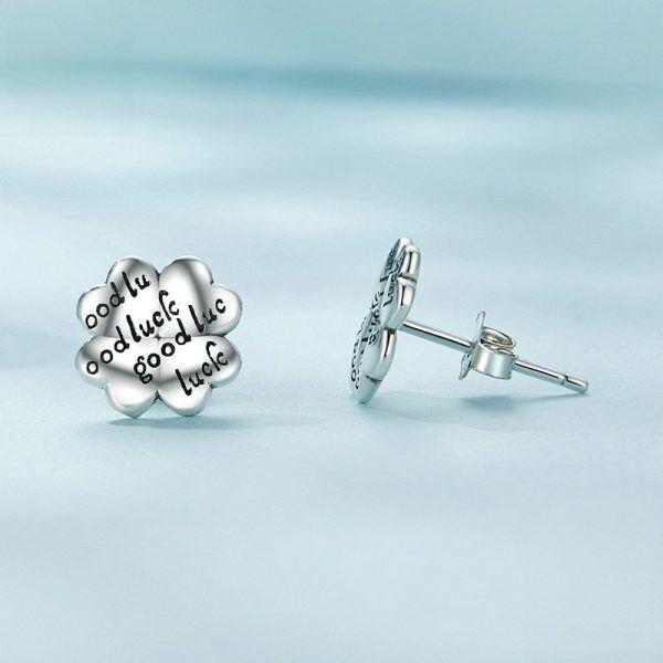 Sterling Silver Four-Leaf Clover Sthd Earrings With "GOOD LUCK"-3