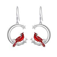 wholesale 925 Sterling Silver Red Cardinal Bird Dangle Earrings with Stars and Moon Design- Rhodium Plated