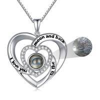 wholesale 925 Sterling Silver I love you to the moon and back Double Hearts Pendant Necklace with Pearl & Cubic Zirconia for Women- Rhodium Plated