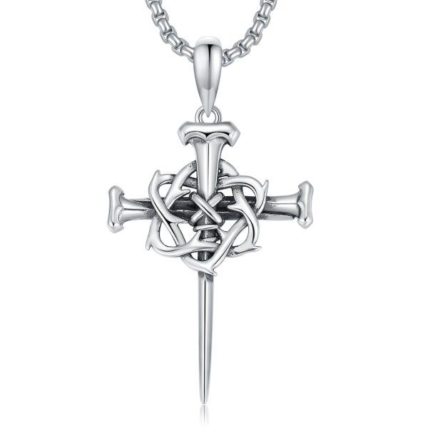 Sterling Silver 3 Nail and Crown of Thorns Cross Pendant Necklaces-0