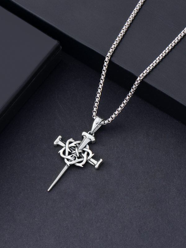 Sterling Silver 3 Nail and Crown of Thorns Cross Pendant Necklaces-3