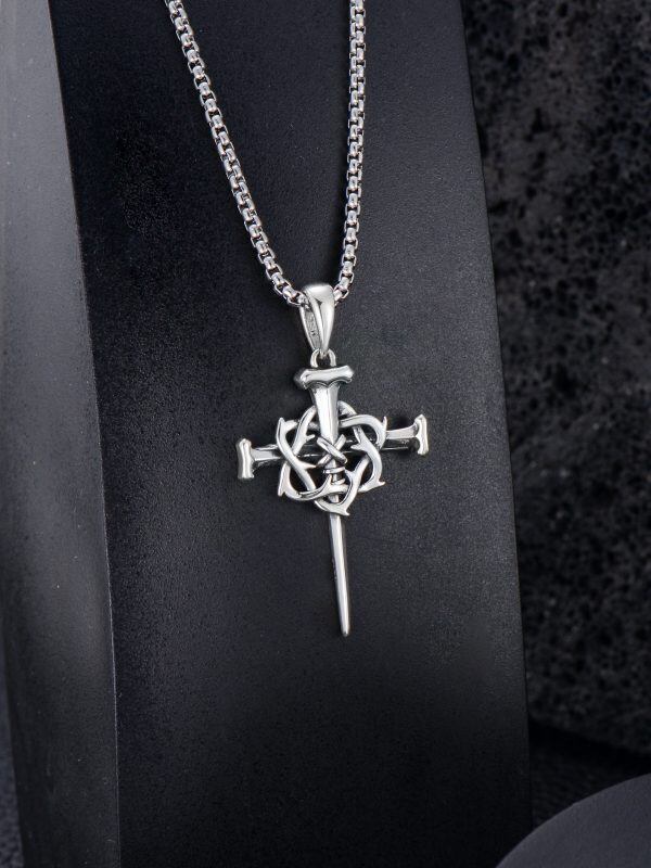 Sterling Silver 3 Nail and Crown of Thorns Cross Pendant Necklaces-5