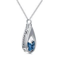 wholesale 925 Sterling Silver Teardrop Blue Crystal Cremation Keepsake Pendant Necklace for Ashes Memory - White Gold Rhodium Plated