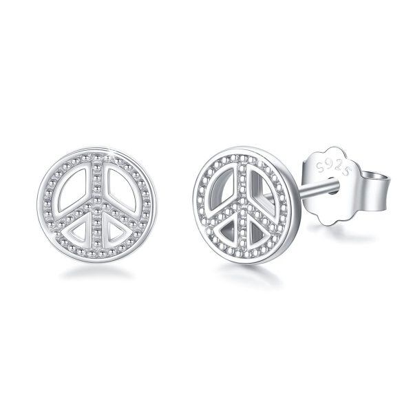 925 Sterling Silver Peace Sign Stud Earrings With Rhodium Plated -0