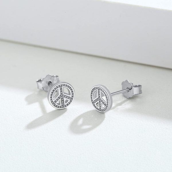 925 Sterling Silver Peace Sign Stud Earrings With Rhodium Plated -5