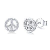 wholesale 925 Sterling Silver 7mm Small Simple Round Peace Sign Stud Earrings Hypoallergenic for Women and Men- Rhodium Plated