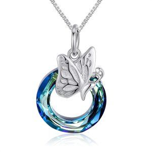 925 Sterling Silver Blue Crystal Butterfly Pendant Necklace Gifts -0