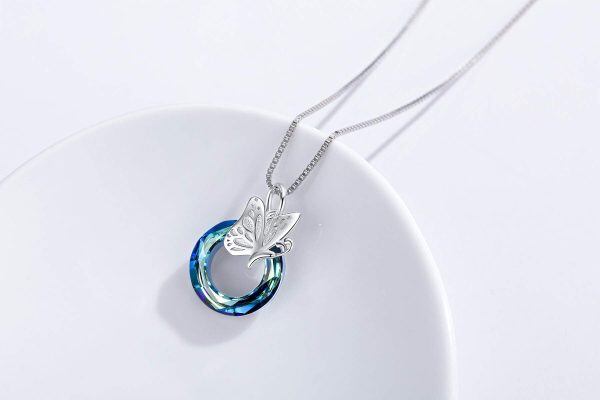 925 Sterling Silver Blue Crystal Butterfly Pendant Necklace Gifts -4