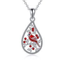 wholesale 925 Sterling Silver Red Enamel Cardinal Bird Teardrop Pendant Necklace for Women- Rhodium Plated