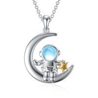 wholesale 925 Sterling Silver Crescent Moon with Astronaut and Star Pendant Necklace for Women- Rhodium And Gold Plated