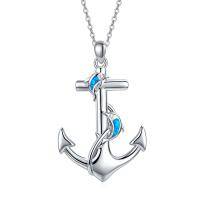 wholesale 925 Sterling Silver Dolphin Blue Opal Anchor Pendant Necklace & Earring Set - Nautical Sailor s for Women and Girls- Rhodium Plated